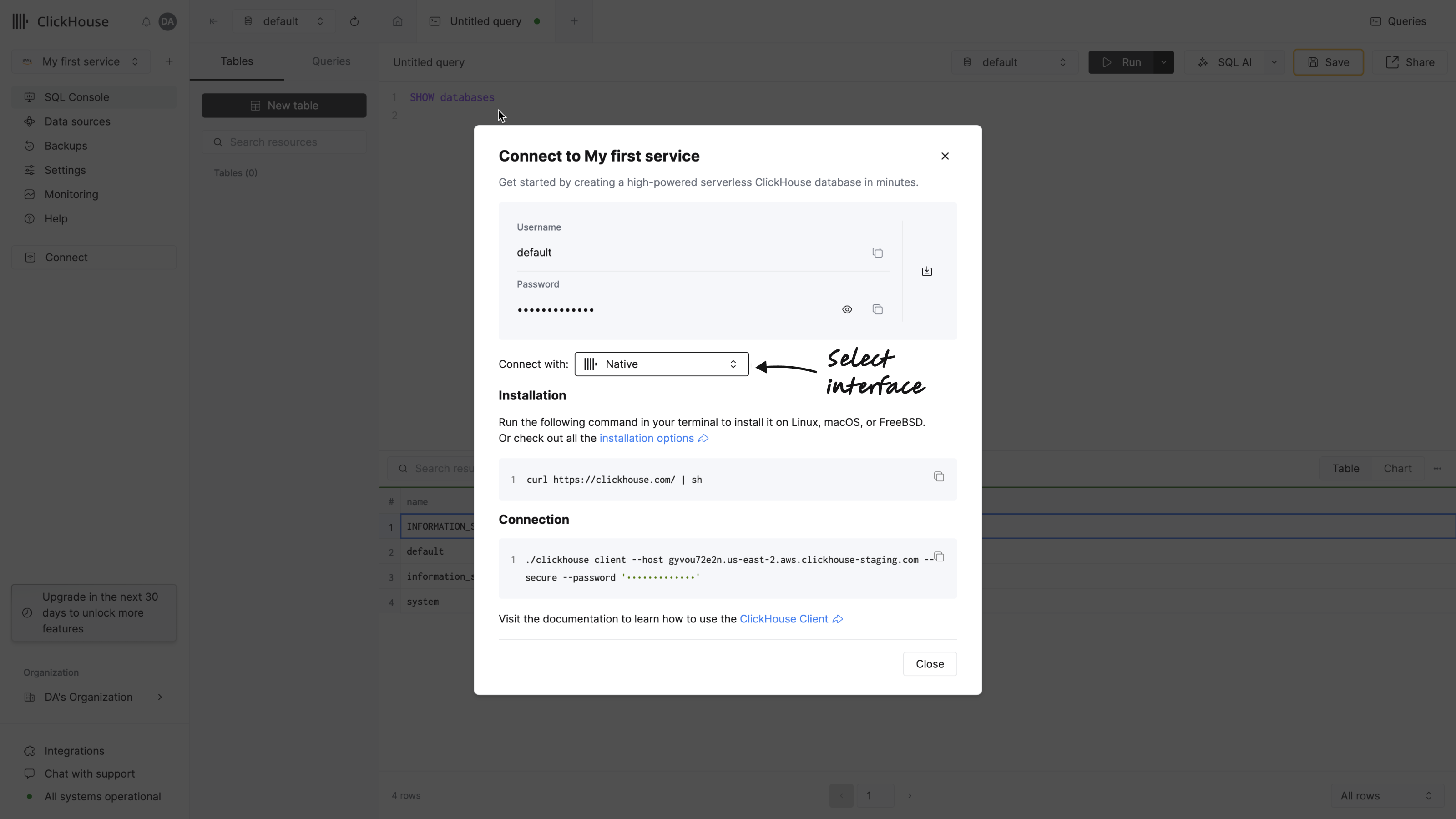 параметры подключения клиента ClickHouse
